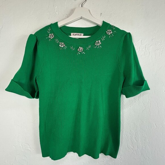 Nanette Lepore Womens Ribbed Embellished Sweater Size Large Green Short Sleeve - Picture 1 of 8
